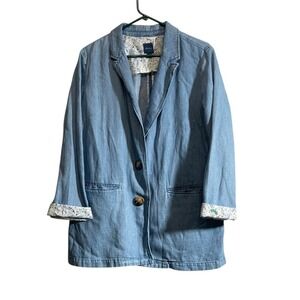 J Jill Denim Jacket Blazer Linen Cotton Floral Cuffs Boho Cottagecore Medium